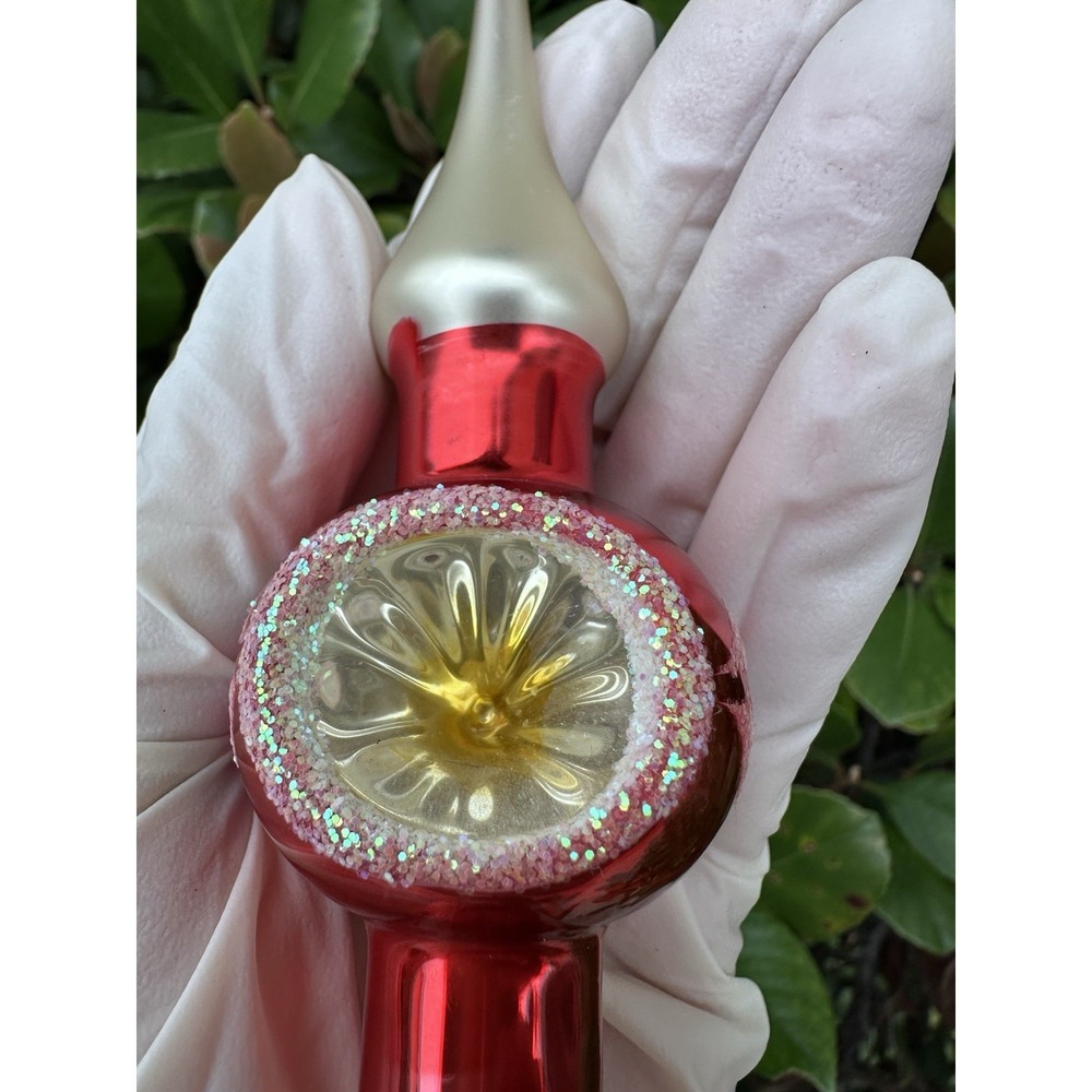 Vintage Mercury Glass Reflector Indent Christmas Tree Topper 6.5" Finial Red MCM